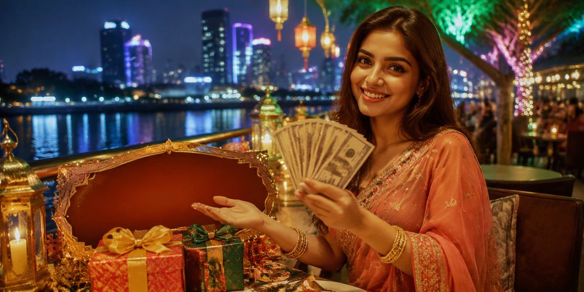 ঢাকায় ঈদ উৎসবে ক্যাশব্যাক বোনাস উদযাপনকারী একজন নারী